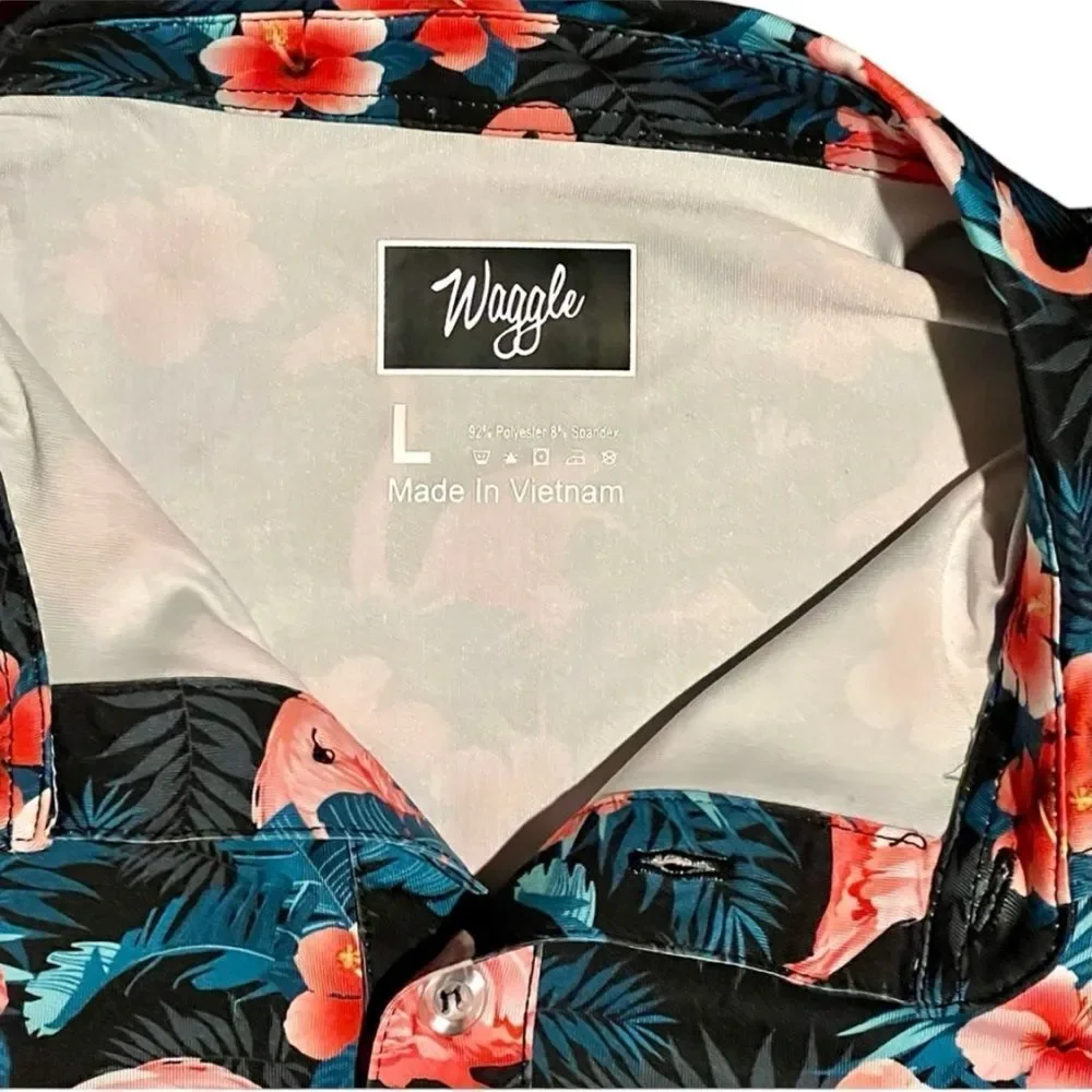 Waggle Golf Polo Flamingo print 🦩 Hawaiian tropical size large - Picture 3 of 5